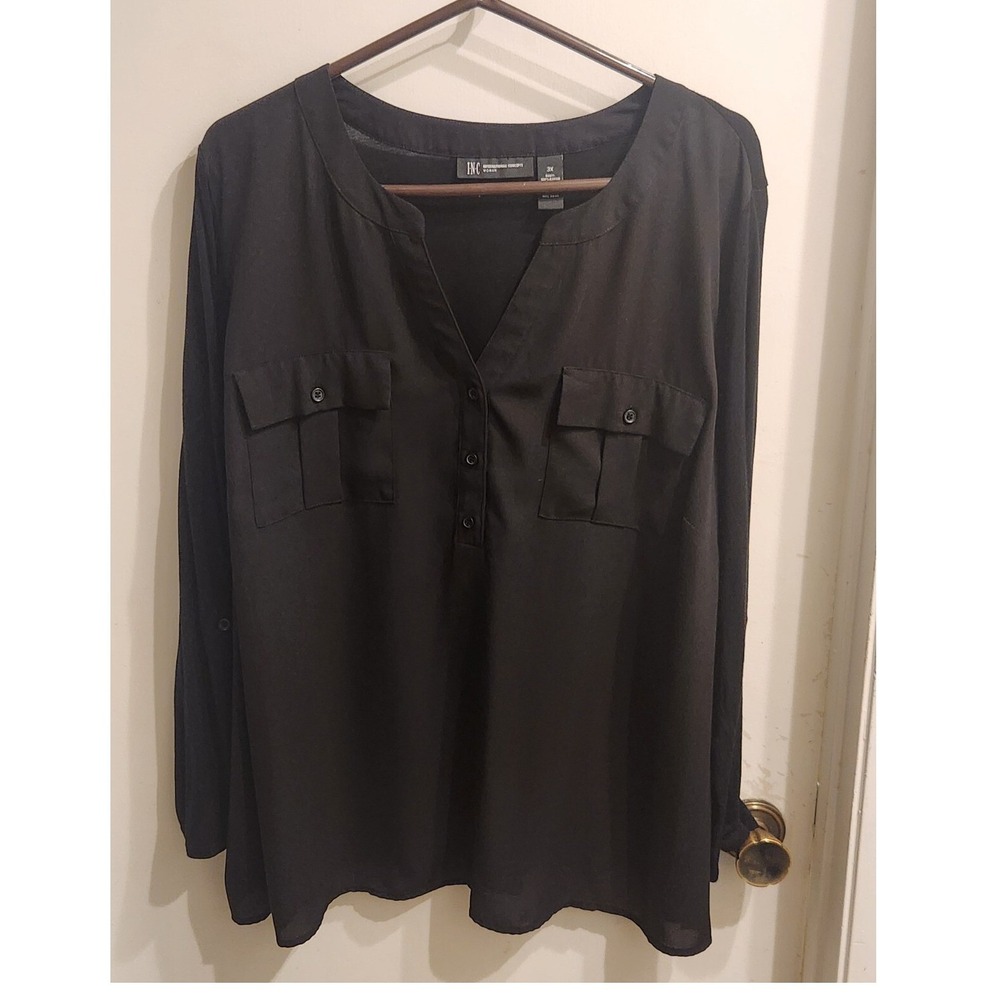 INC International Concepts Black Utility Blouse Roll Tab Sleeve 3X s/59F00W